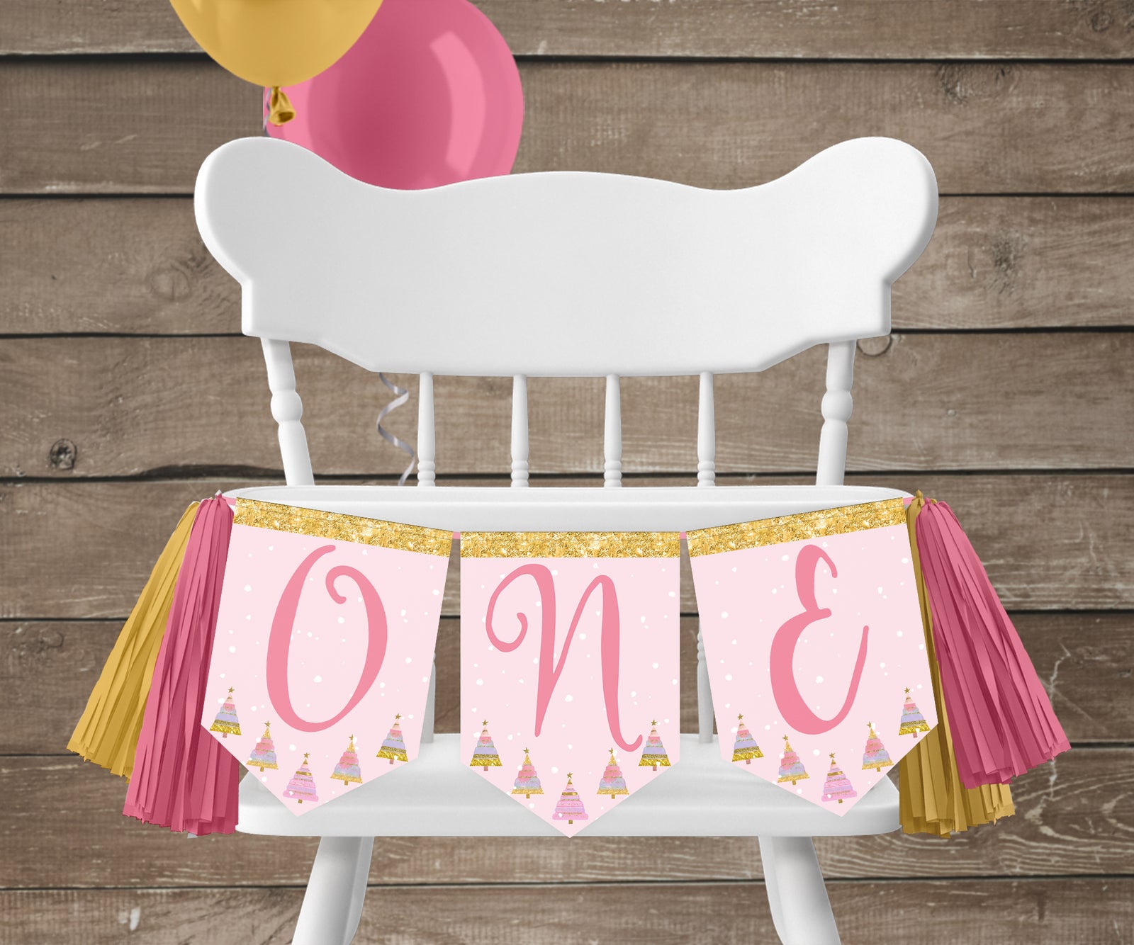Pink and gold winter ONE derland first birthday highchair banner.