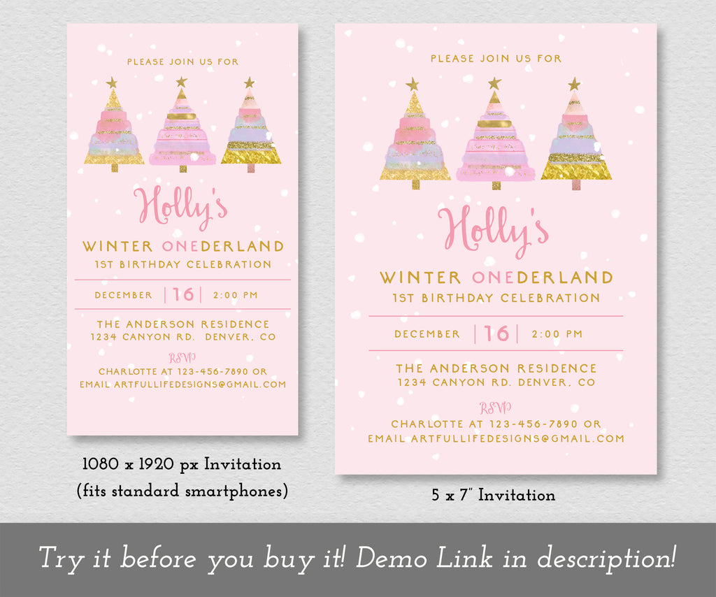 Pink winter onederland first birthday 5 x 7 invitation and 1080 x 1920 px evite.