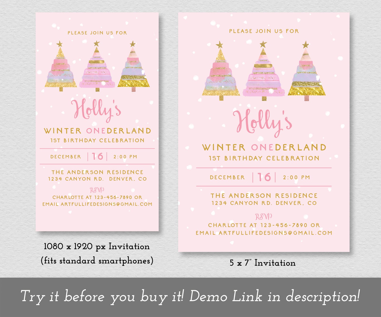 Pink winter onederland first birthday 5 x 7 invitation and 1080 x 1920 px evite.