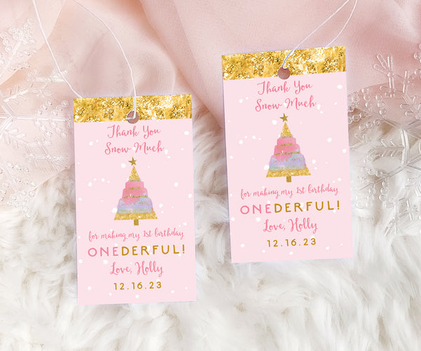 Pink and gold winter onederland rectangle 1st birthday favor tags with festive christmas trees.
