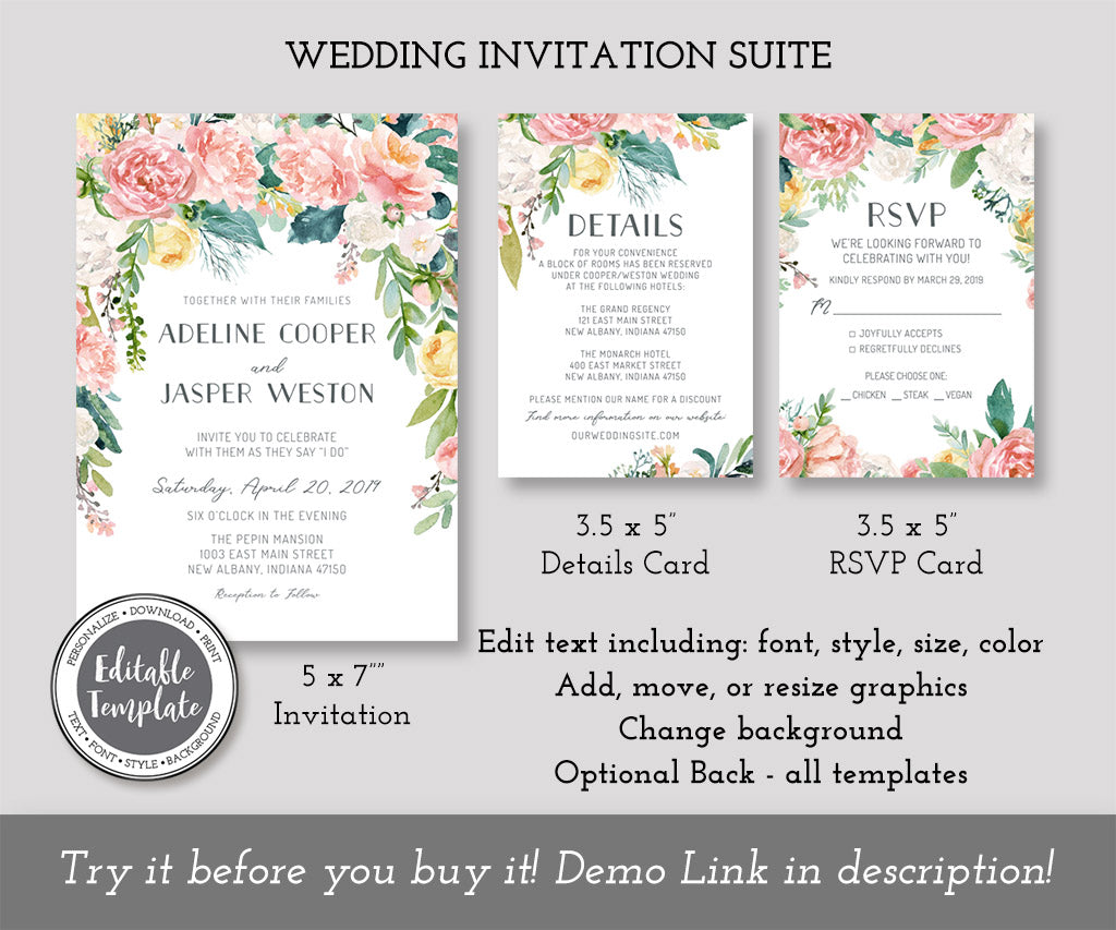 Pink and yellow floral wedding invitation suite including wedding invitation, rsvp card, and details card, editable templates.