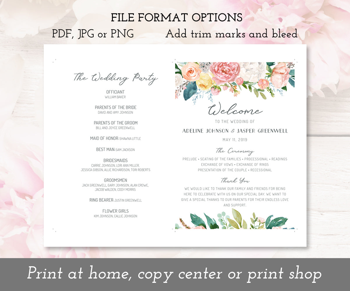 Pink yellow and white floral weddin program fan template download options.