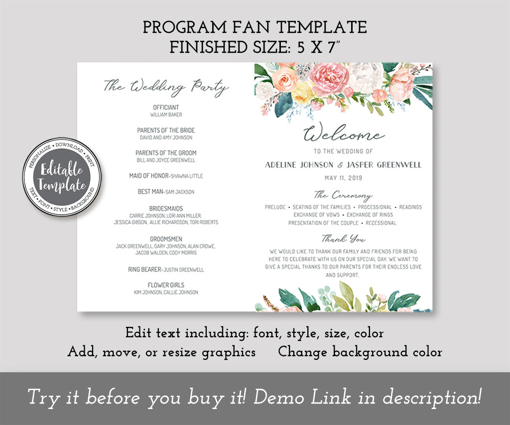 Pink yellow and white floral weddin program fan.