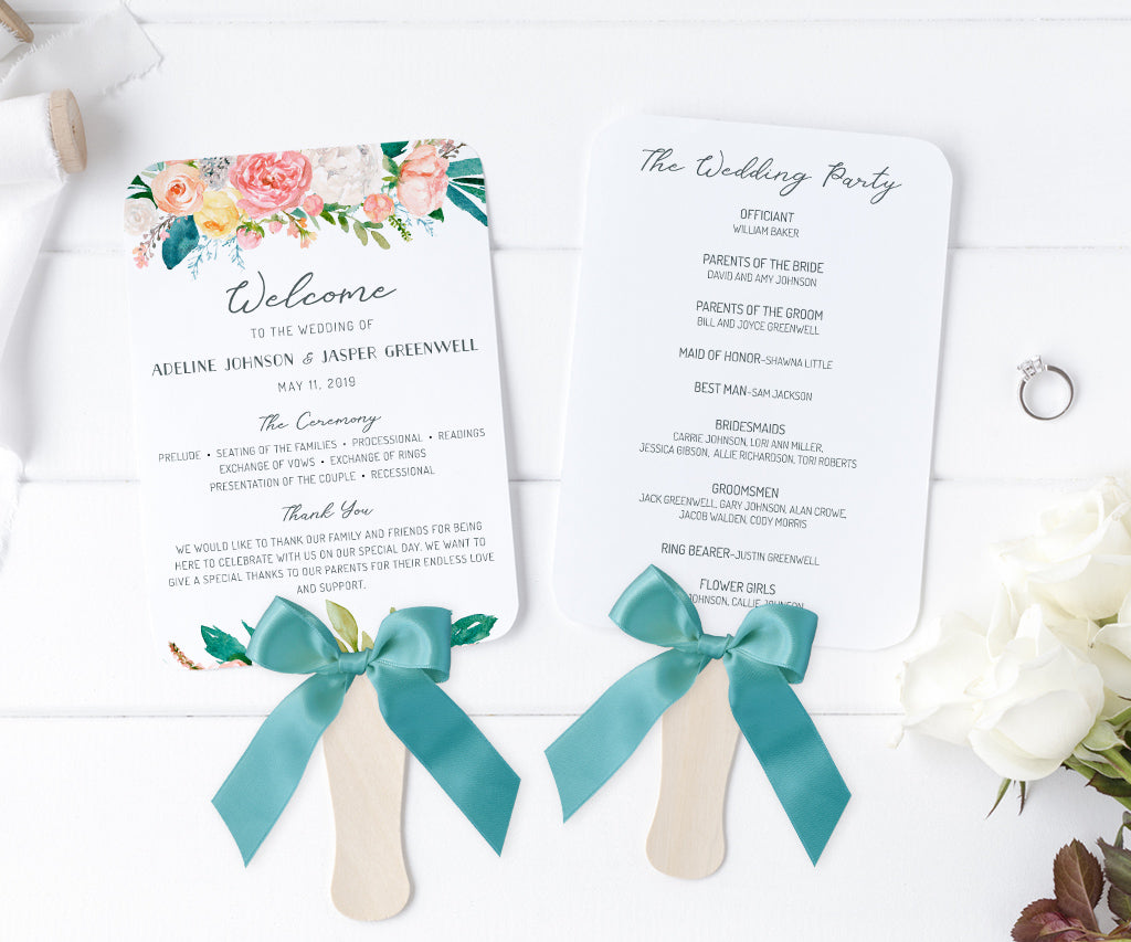 Pink yellow and white floral weddin program fan.