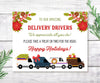 Happy holidays festive delivery driver snack station sign printable 10 x 8 inches with poinsettias and delivery trucks.