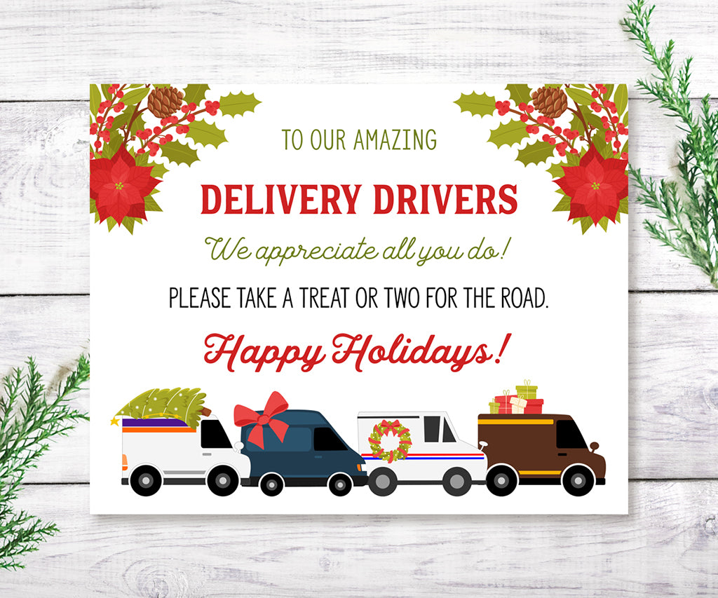 Happy holidays festive delivery driver snack station sign printable 10 x 8 inches with poinsettias and delivery trucks.