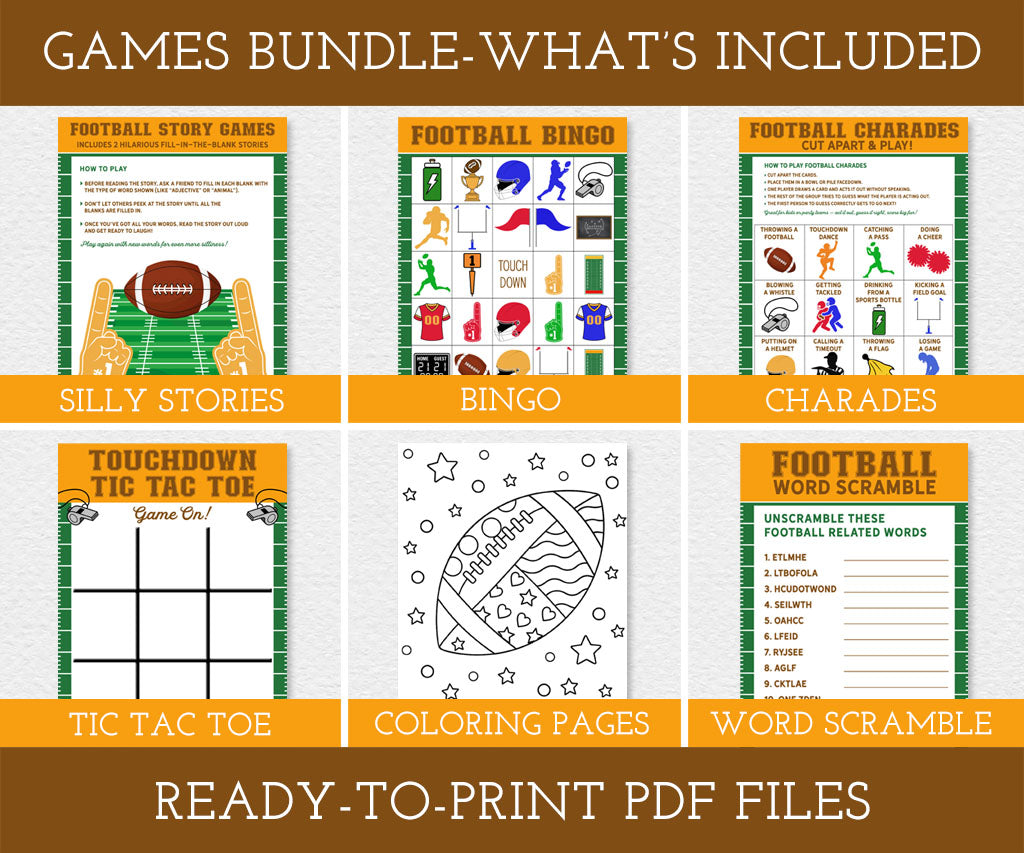 Football-themed printable games bundle with activities like Silly Stories, Bingo, Charades, Tic Tac Toe, Coloring Pages, and Word Scramble.