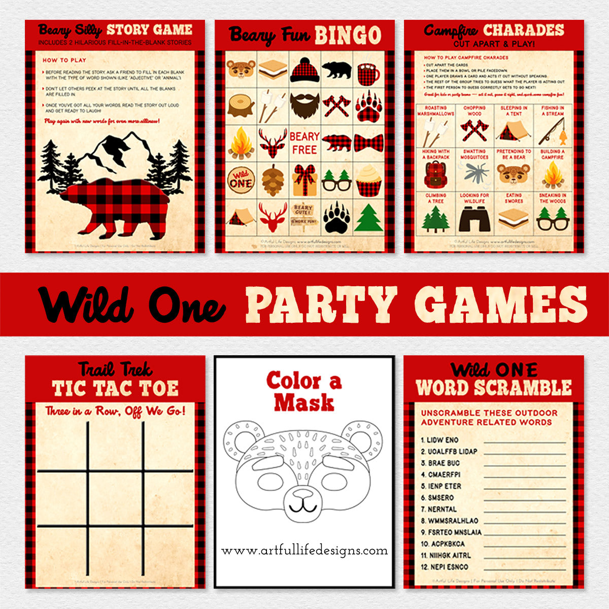 Collection of Wild One buffalo plaid party games with a bear and camping theme.