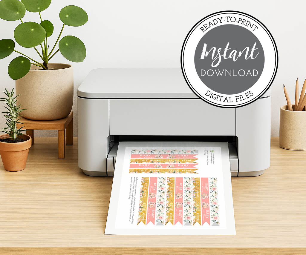Ready-to-print Baby in Bloom straw flag sheet being printed at home, featuring floral pink and gold baby shower designs for easy DIY party decor.