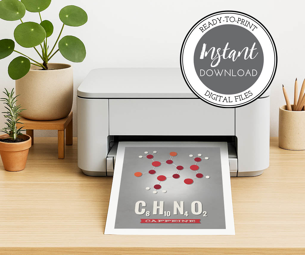 Printer on a desk with a printed sheet of paper featuring 'Caffeine' text with molecules surrounded by potted plants.