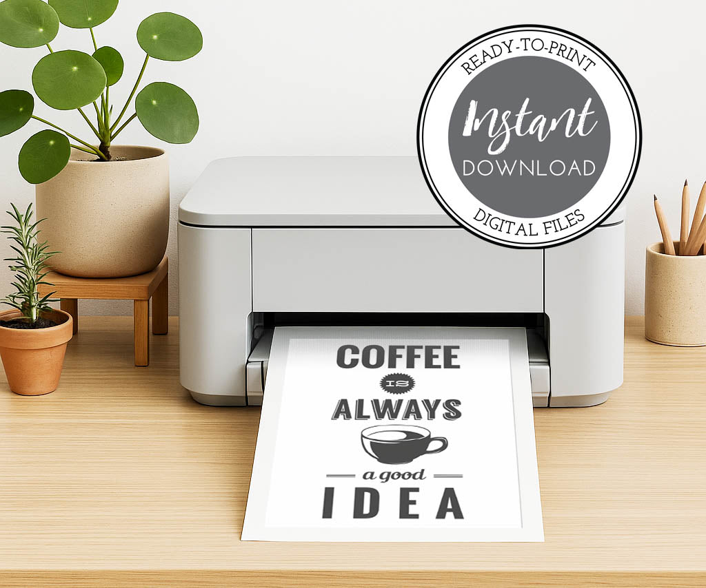Printer on a desk with a printed sheet featuring 'Coffee is always a good idea' text, surrounded by potted plants and office supplies.