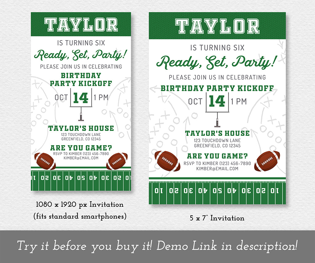 Ready, set, party football birthday 5 x 7" invitation and 1080 x 1920 px evite with goal post and football.