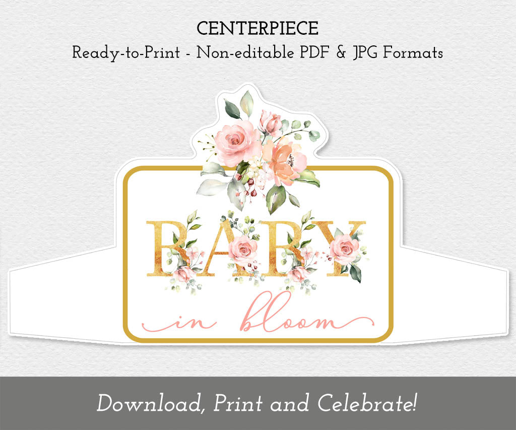 Instant download Baby in Bloom table centerpiece in faux gold and watercolor roses – ready-to-print girl baby shower decoration.