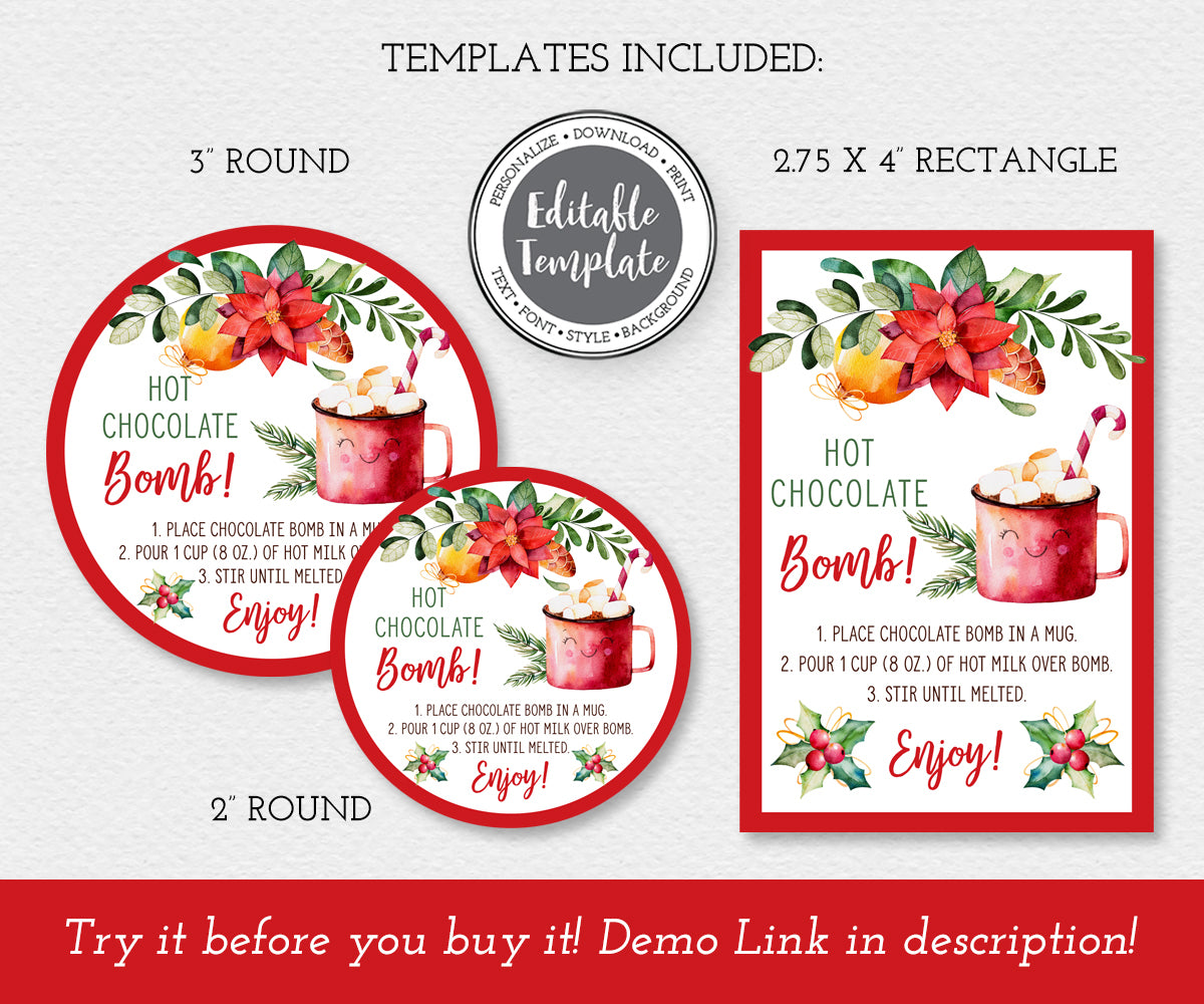 Round and rectangular poinsettia and holly christmas hot chocolate bomb tag templates.