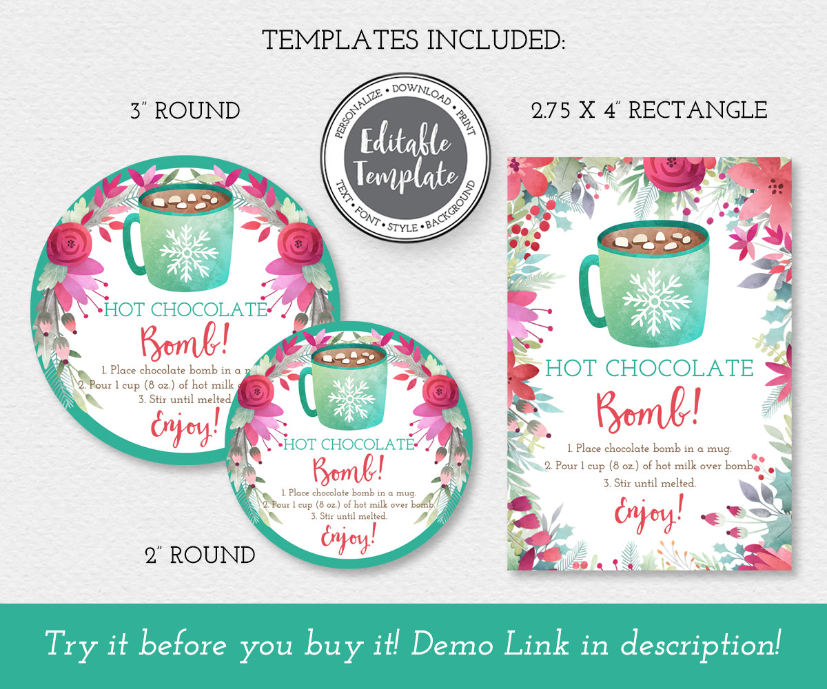 Round and rectangular whimsical hot chocolate bomb tag templates.