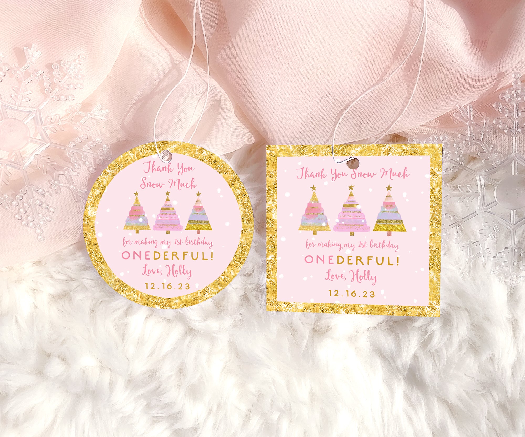 Round and square pink and gold winter onederland first birthday party favor tags with festive trees and snowflakes.