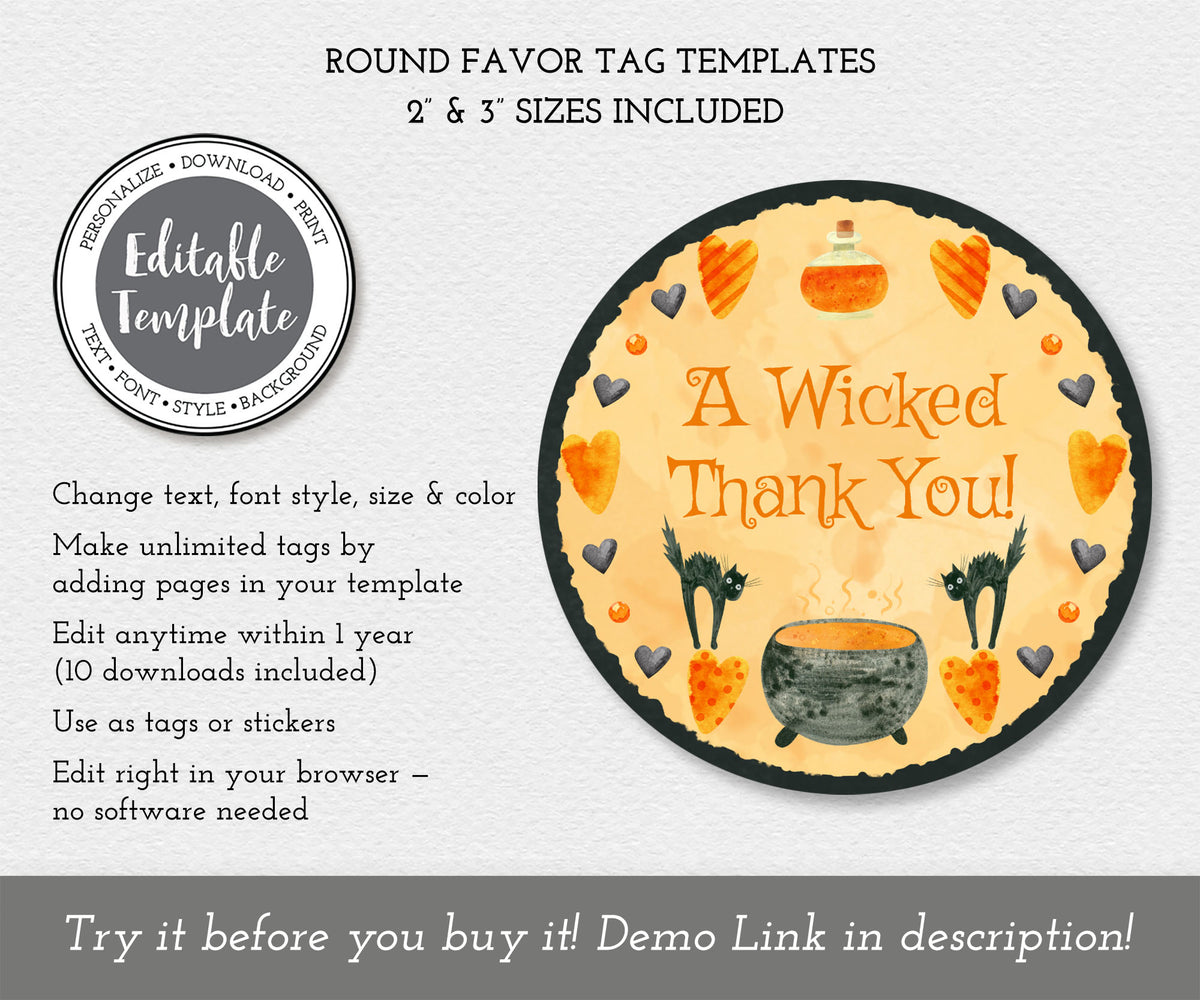 Round Halloween favor tag editable template with a cauldron and black cats.