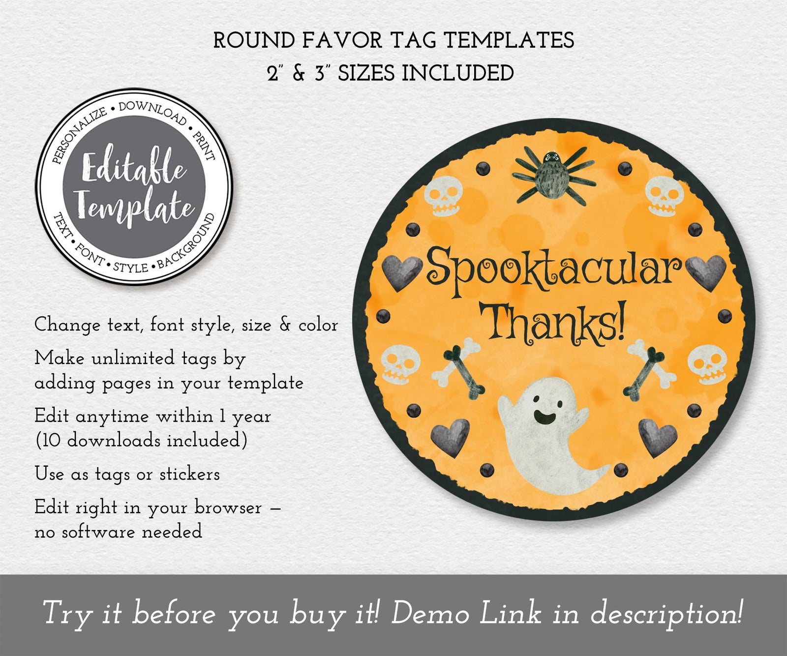 Round Halloween favor tag editable template with friendly ghost, bones & skulls.