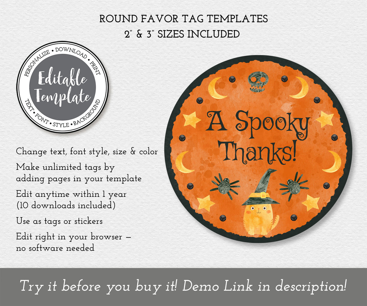 Round Halloween favor tag editable template with a cute witchy cat and celestial accents.