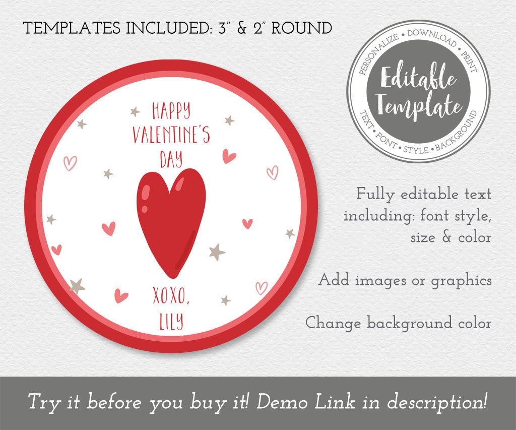 Round Happy Valentines Day gift tag template.
