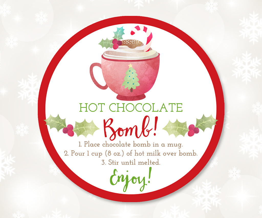 Round hot chocolate bomb instruction gift tag.