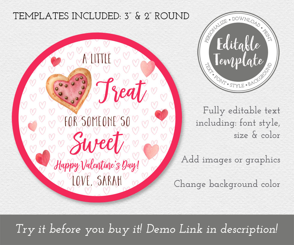 Round Valentine treat gift tag template, A little treat for someone so sweet.