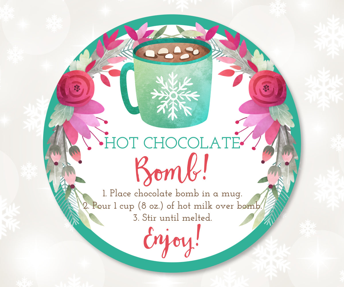Round whimsical hot chocolate bomb tag or label.