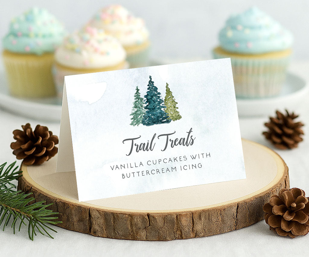 Rustic pines baby shower food tent card.