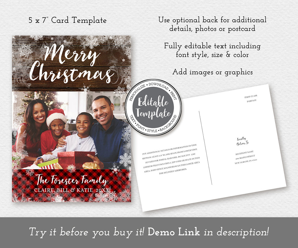 Rustic Christmas Card with family photo editable template.