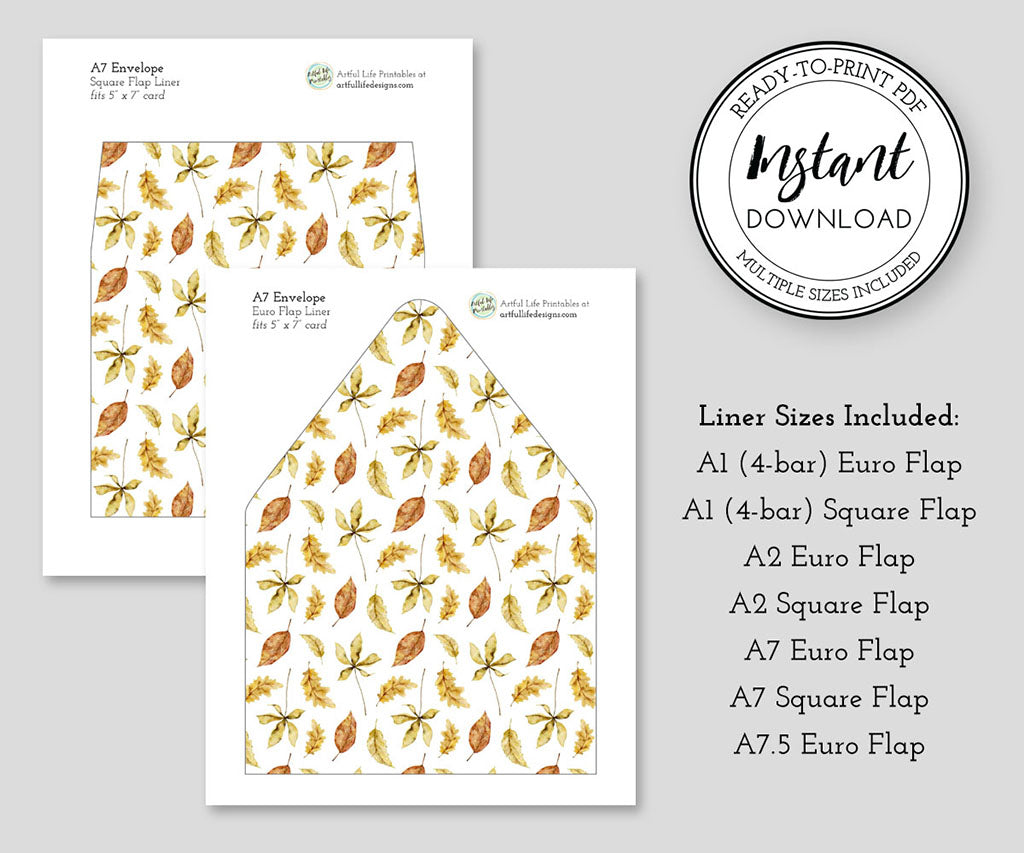 Invitation envelope liners with rustic fall leaves in rust and gold.