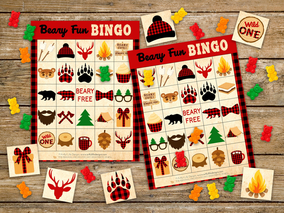Beary Fun Bingo game cards, calling cards and colorful gummy bear game tokens on a rustic wood table.