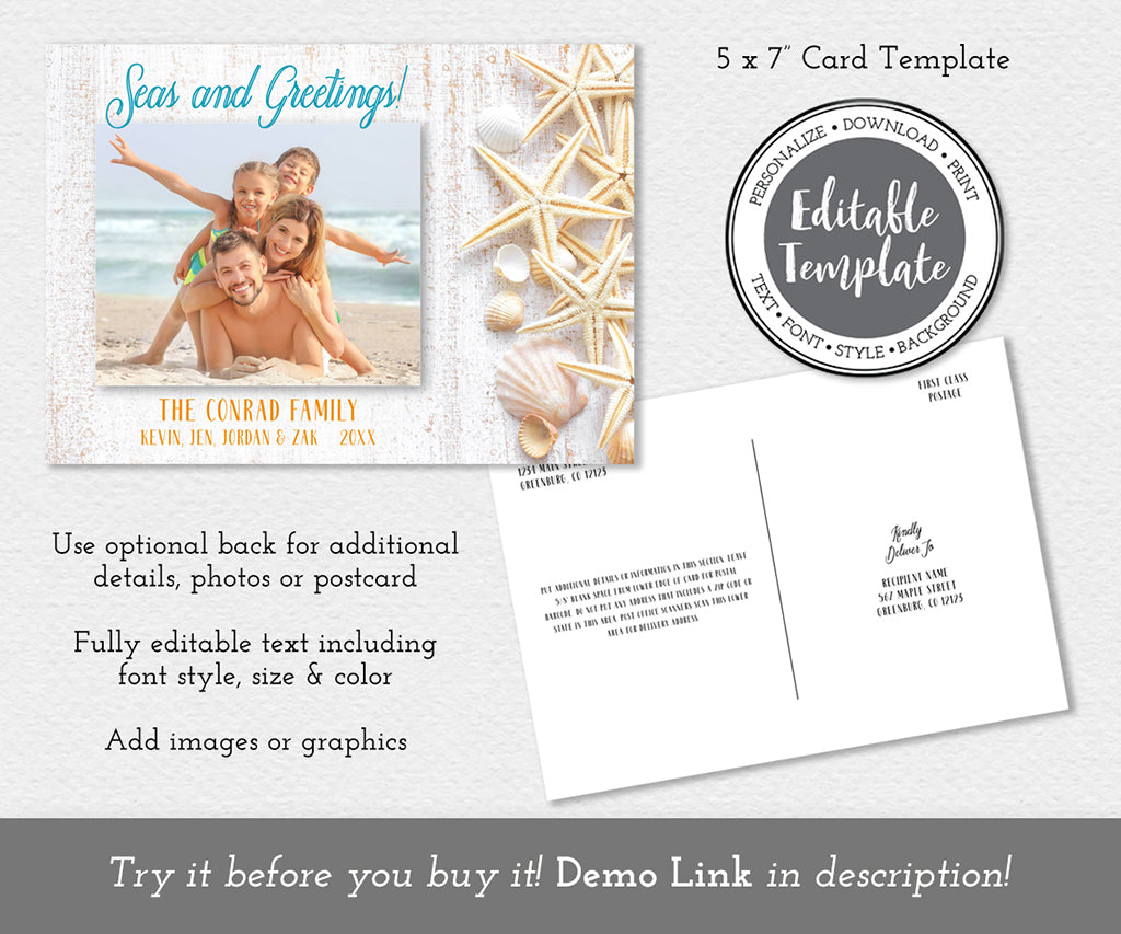 Seas and greetings beach theme Christmas Card with family photo editable template.