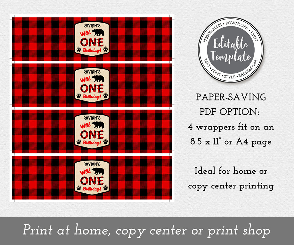 paper saving sheet of wild one buffalo plaid birthday party bottle wrapper labels.