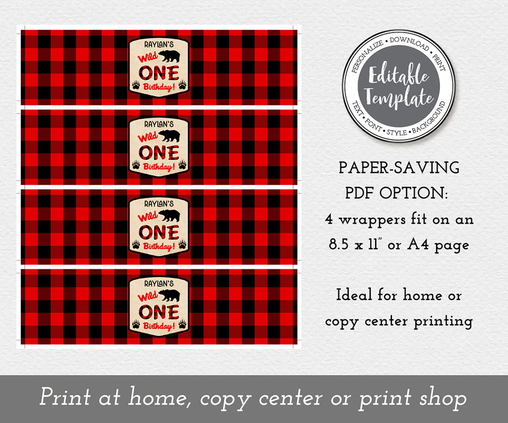 Paper saving sheet of wild one buffalo plaid birthday party bottle wrapper labels.