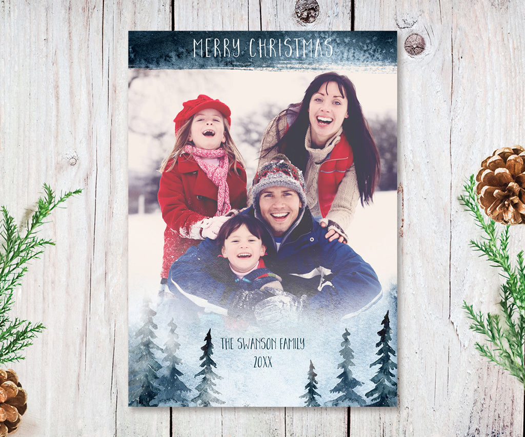 Snowy forest Christmas card with family photo.