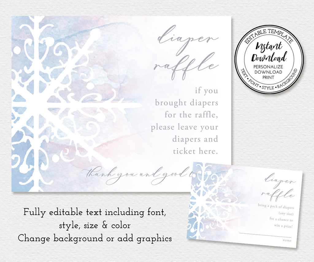 Snowflake baby shower diaper raffle sign and card templates.
