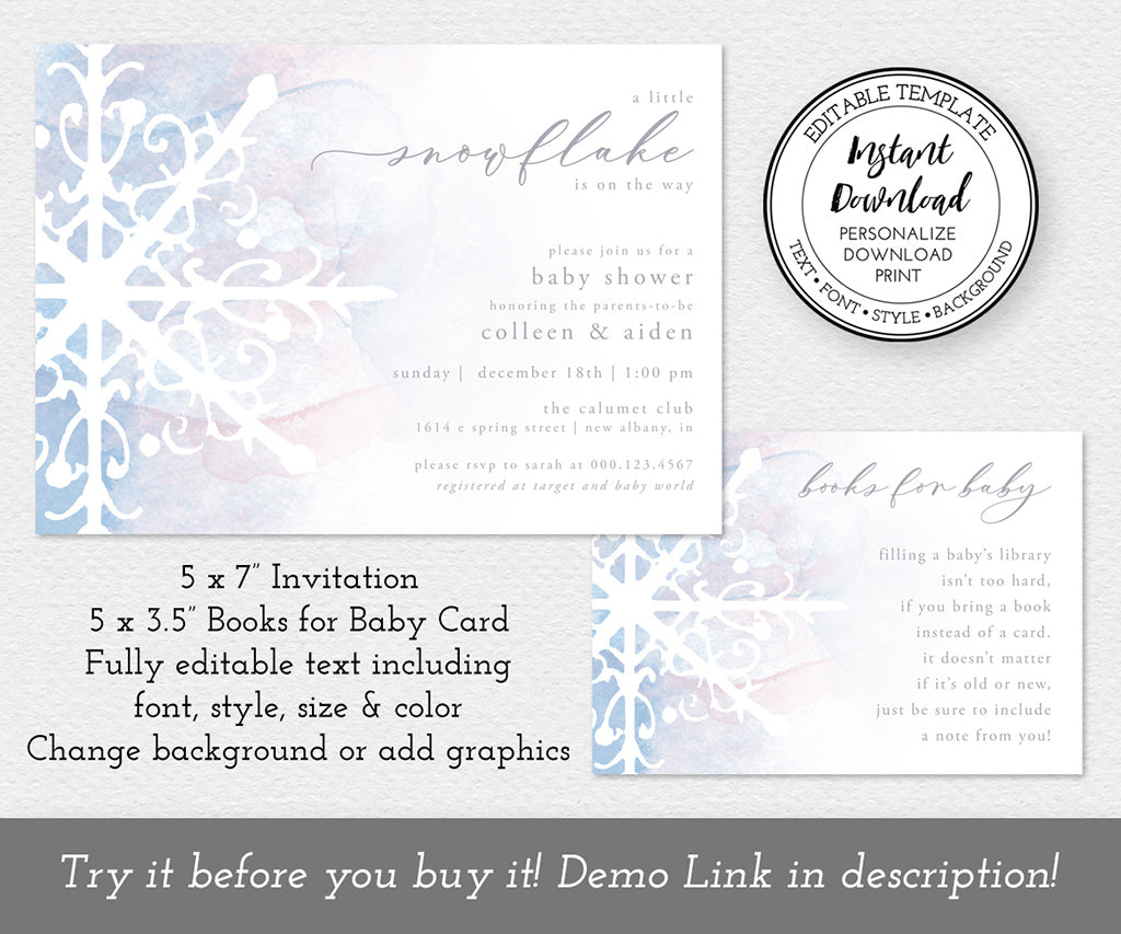Snowflake baby shower invitation and books for baby card templates.