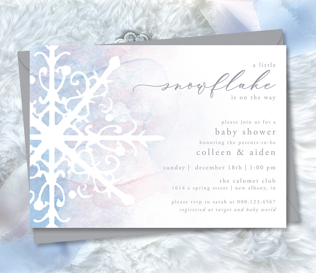 Snowflake gender neutral winter baby shower invitation.