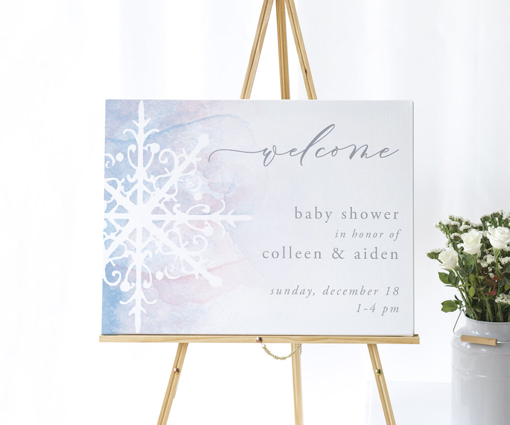 Snowflake gender neutral baby shower welcome sign.
