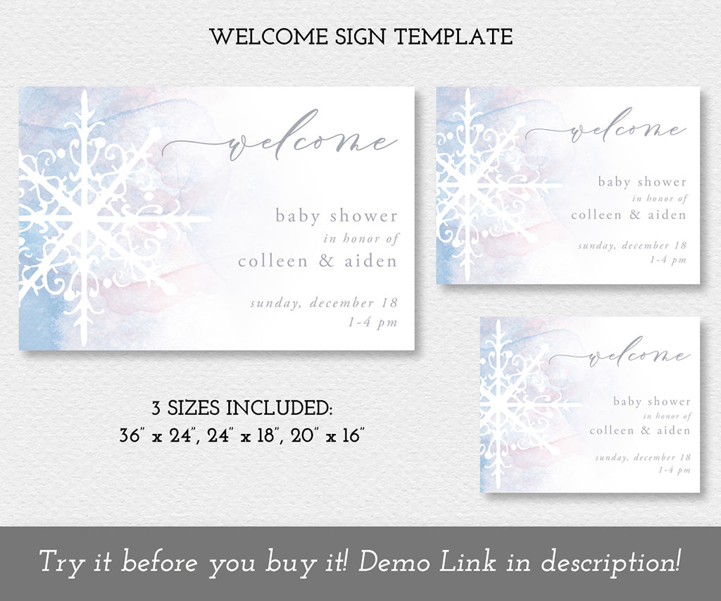 Snowflake gender neutral baby shower welcome sign templates in 3 sizes.