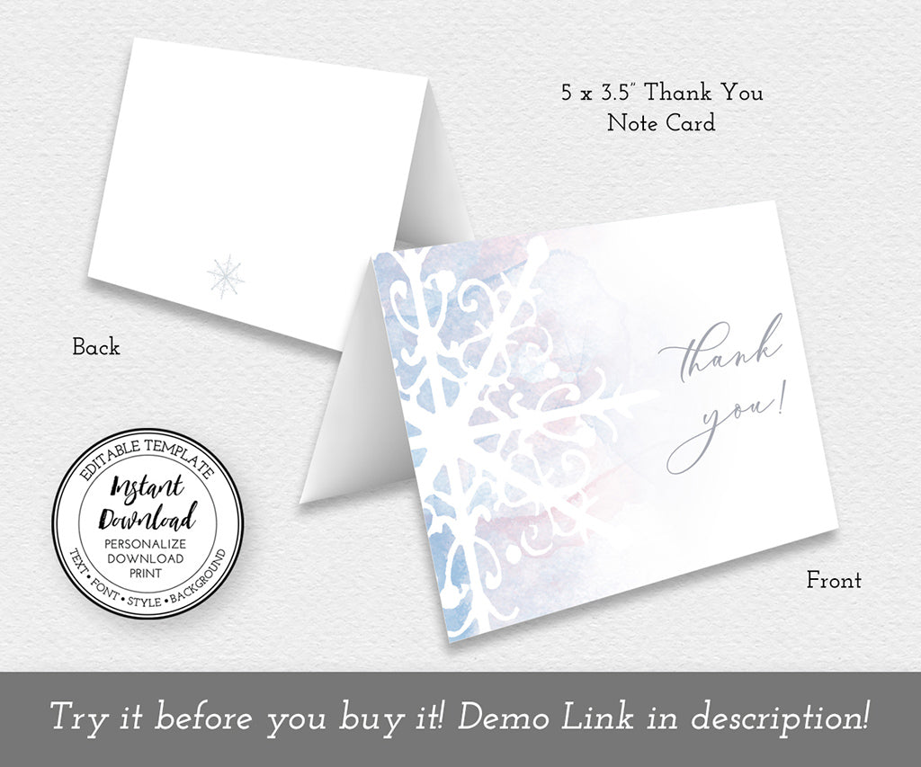 Snowflake gender reveal folded thank your card template.