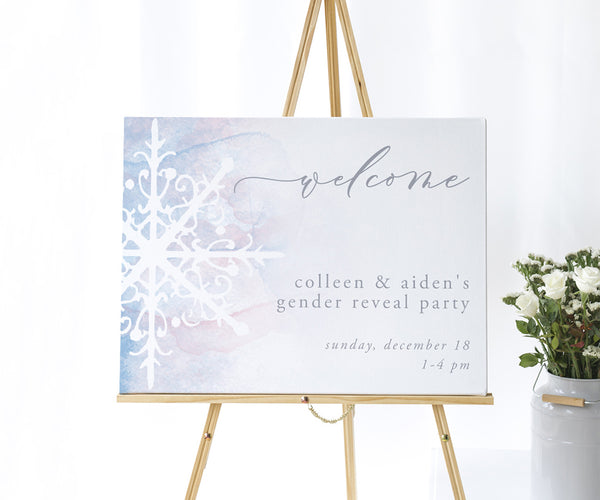 Snowflake winter gender reveal welcome sign.