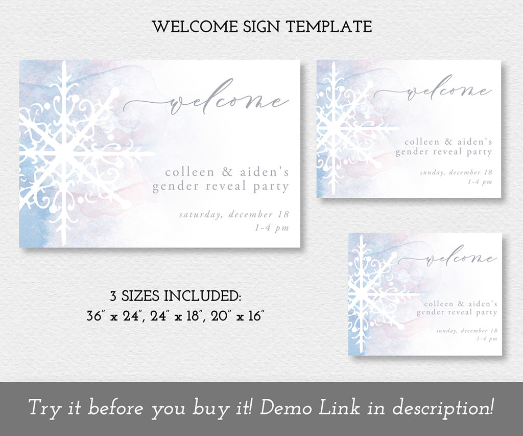 Snowflake winter gender reveal welcome sign template in 3 sizes.