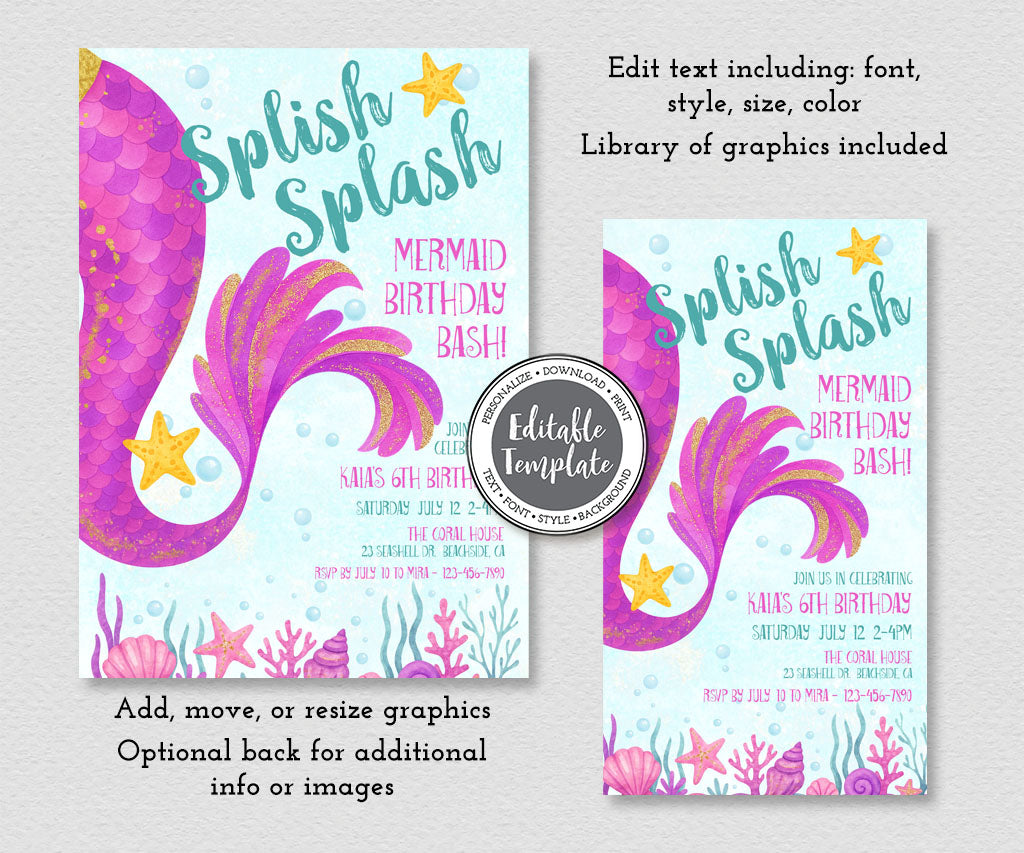 Splish splash mermaid birthday bash 5x7 invitation and 1080x1920px evite editable in templett.
