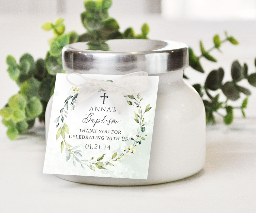 Square greenery baptism favor tag.