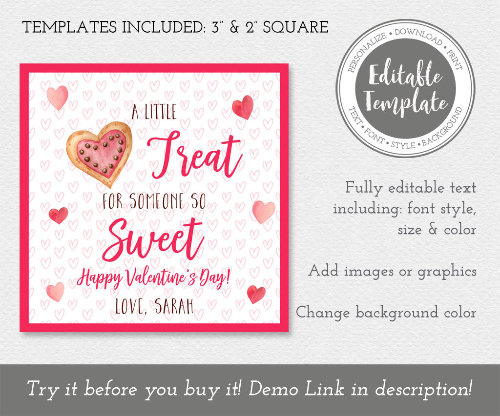 Square valentine treat gift tag template, A little treat for someone so sweet.