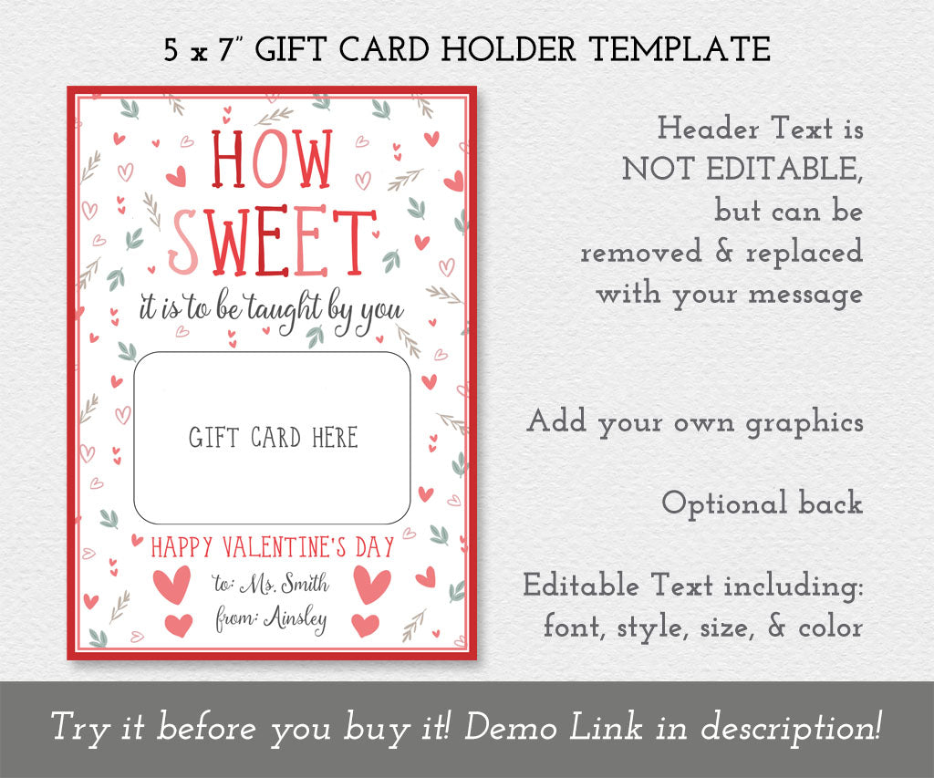 How sweet it is to be taught by you, teacher gift card holder editable template.