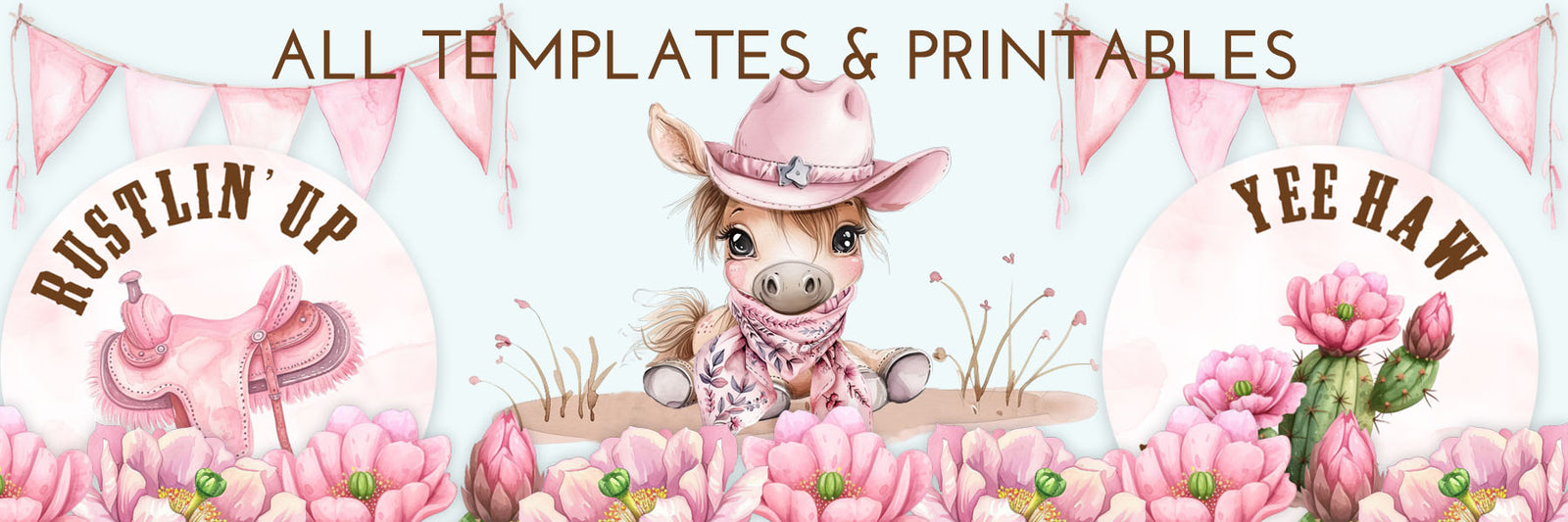 Templates and printable 1st Rodeo Sale Banner with cute baby horse and flowering cacti.