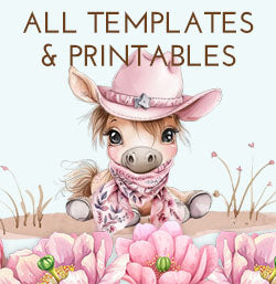Baby cowgirl poney with a pink hat and scarf surrounded by flowers, with text 'All Templates & Printables' above, 1st Rodeo Mobile banner.