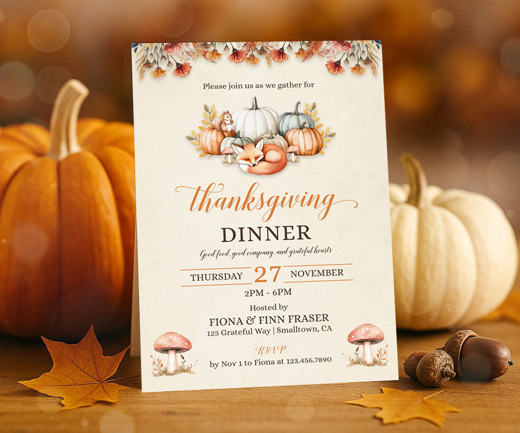 Thanksgiving dinner invitation cottagecore style with watercolor pumpkins, cute fox and squirrel.